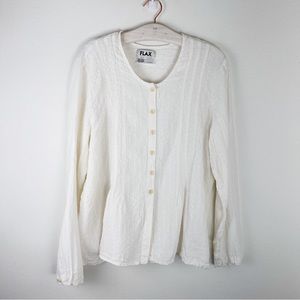 FLAX 100% Linen Textured Cream Long Sleeve Top